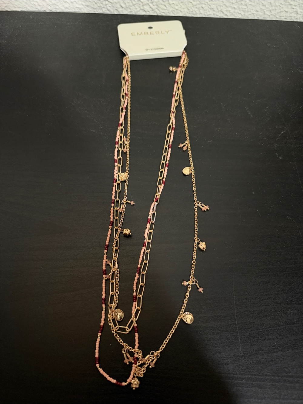 Multi-Strand Pink and Gold Tone Layered Necklace